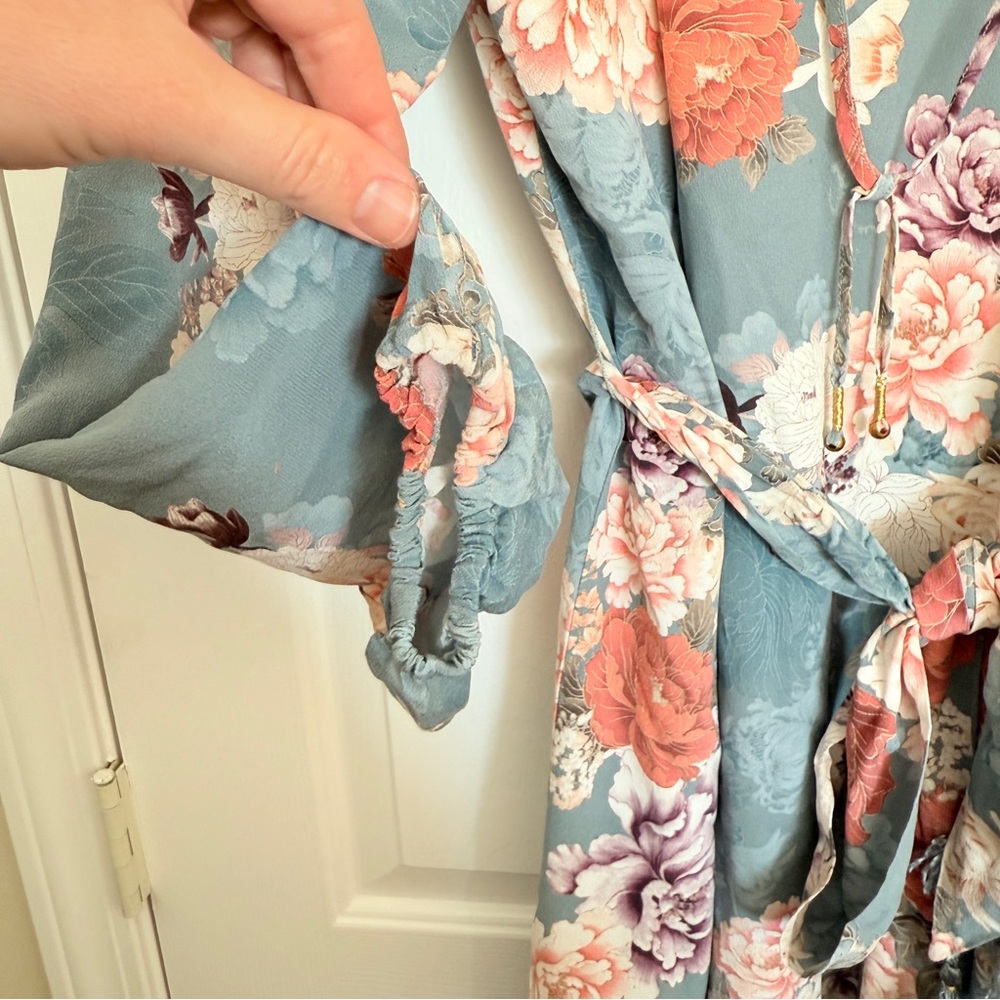 Jade Johnny Was Floral Long Sleeve Dress in Blue and Pink with Belt and Tassels - Picture 6 of 12